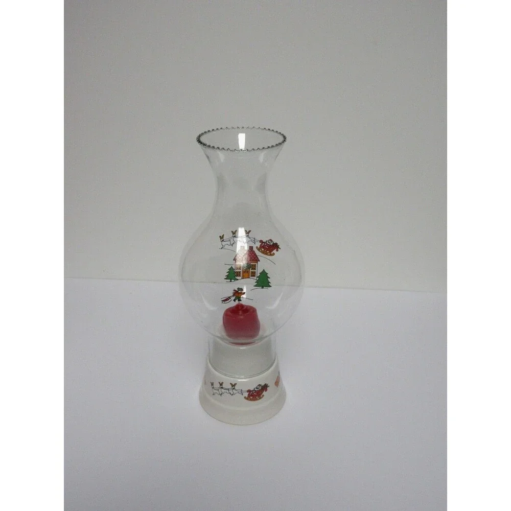 Brazil Glass Beaded Rim Hurricane Lamp & Ceramic Candle Holder Santa Sleigh XMAS